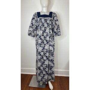 VTG 70s Krist Gudnason Maxi Dress Muumuu 3/4 Zip Front Side Pockets SZ M